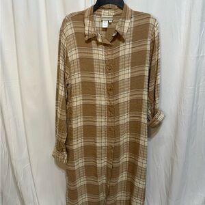 Coldwater Creek Cream and Brown Button-Up Long Sleeve Linen Dress